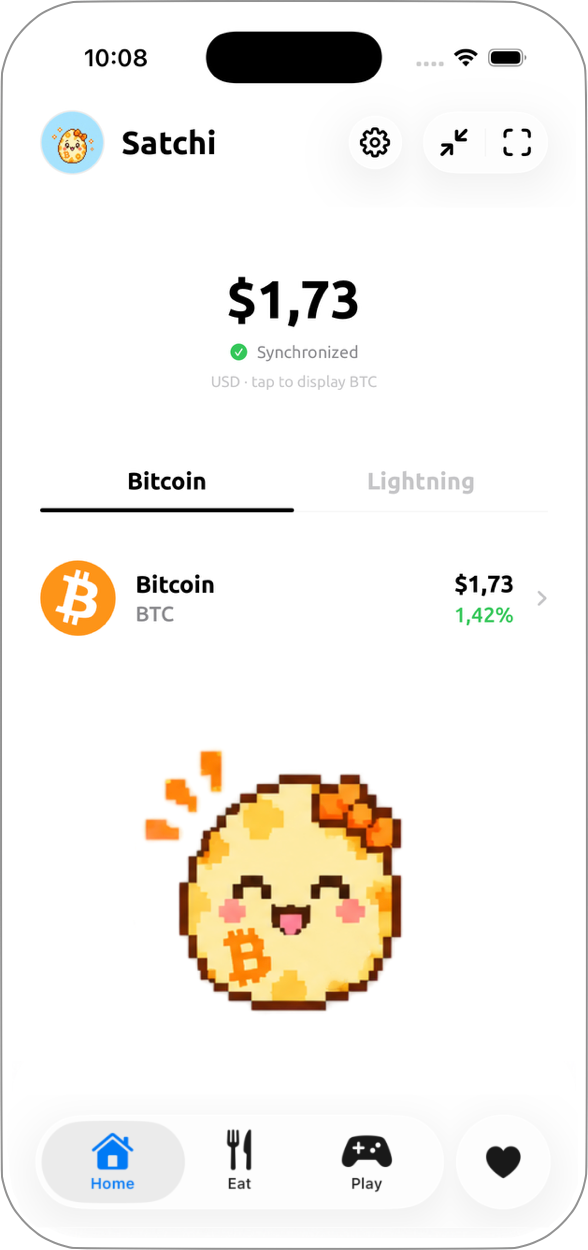 Tamago iPhone app preview: Satchi, Bitcoin balance, and a floating glass menu with Home, Eat, Play, and a separate heart-shaped care button.